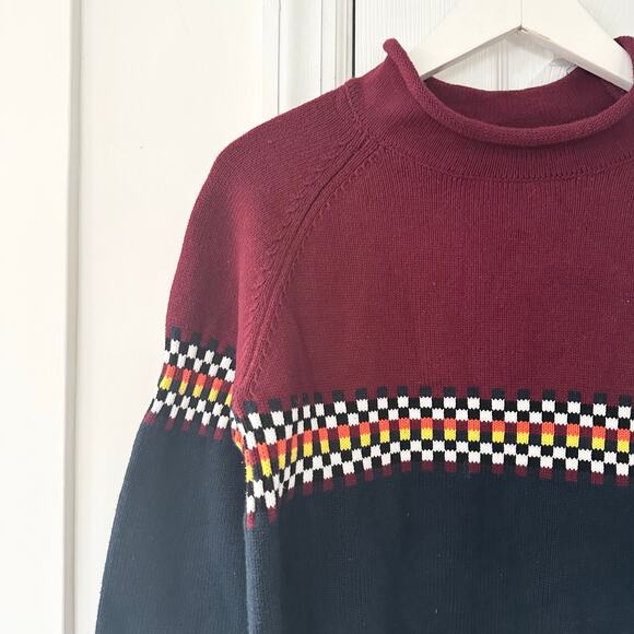 Iggy Cotton Jacquard Raglan Roll Top Knit Sweater Red Blue Checkered Small Men - Picture 4 of 11